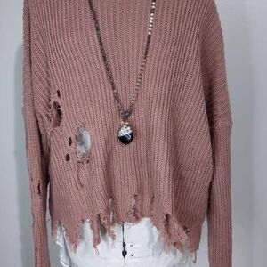 1X Forever 21 Pink Long Sleeve Distressed Blouse Sweater C4138
